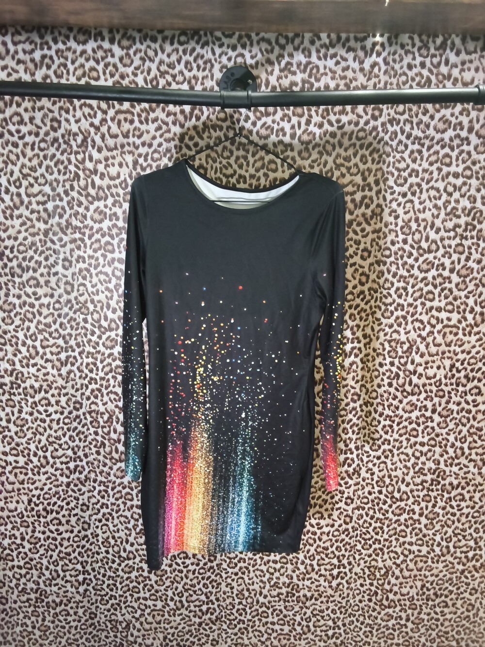 Black Long Sleeve Dress Colorful Speckled Pattern Fitted Silhouette